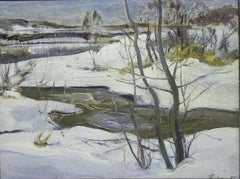 ""Stream"" Schnee, Wald, Winter, weißes Öl  cm. 46 x 35   1975