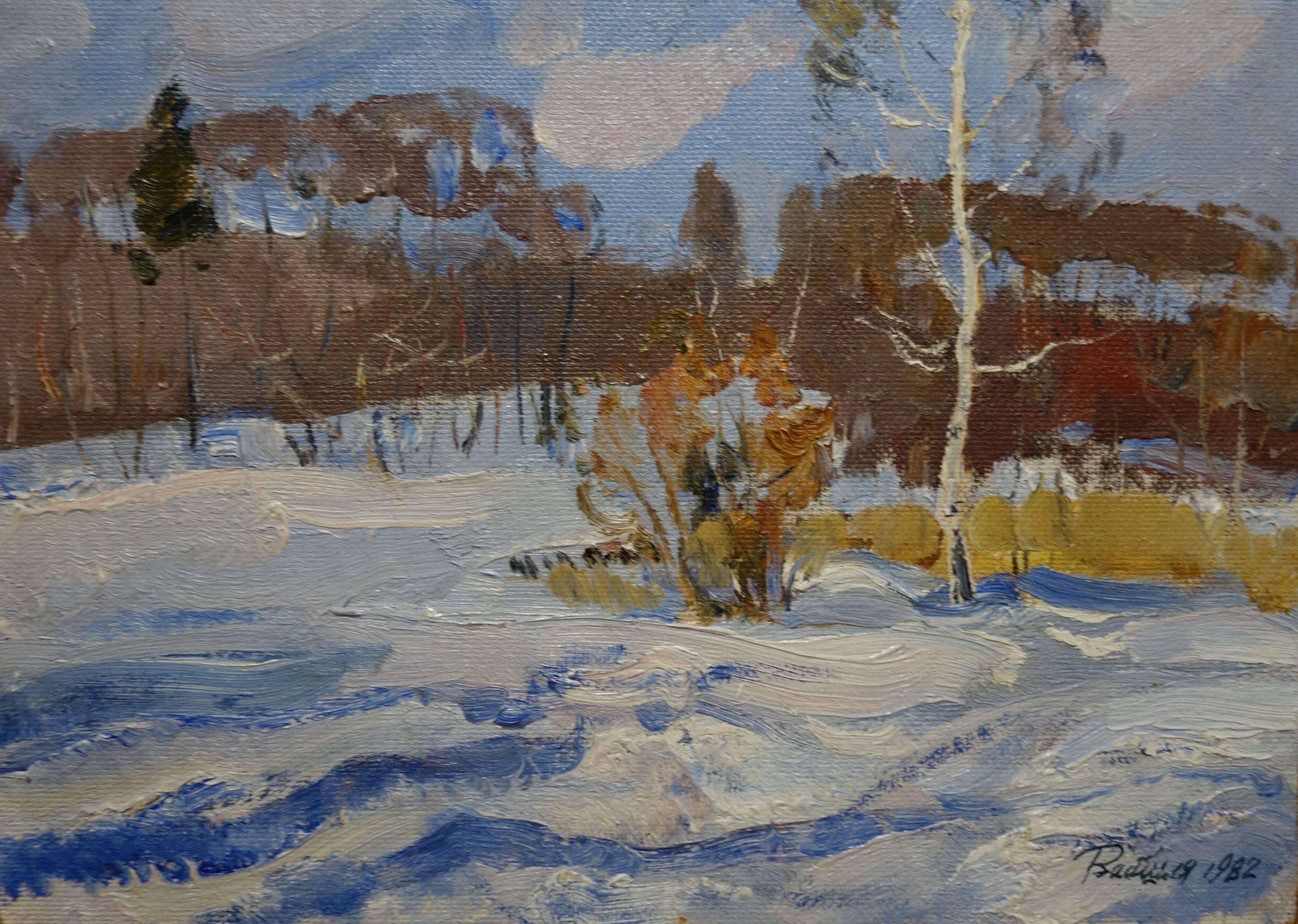Leonid VAICHILIA Figurative Painting - Cold morning   Oil  cm. 43 x 31 cm, 1982