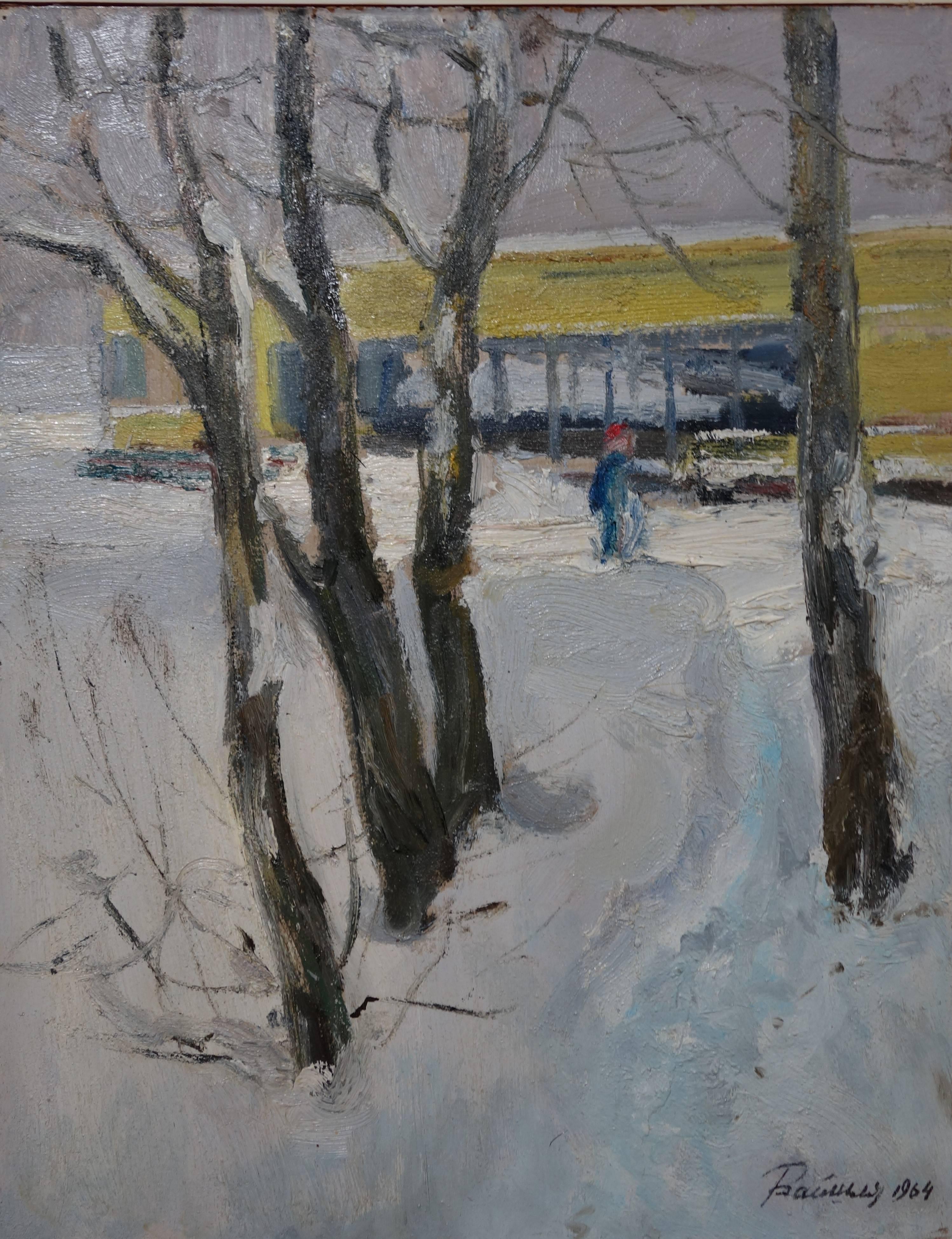 „Yellow house in the snow“ Schnee, Wald, Winter, Weißes Ölgemälde, 39 x 50 1964