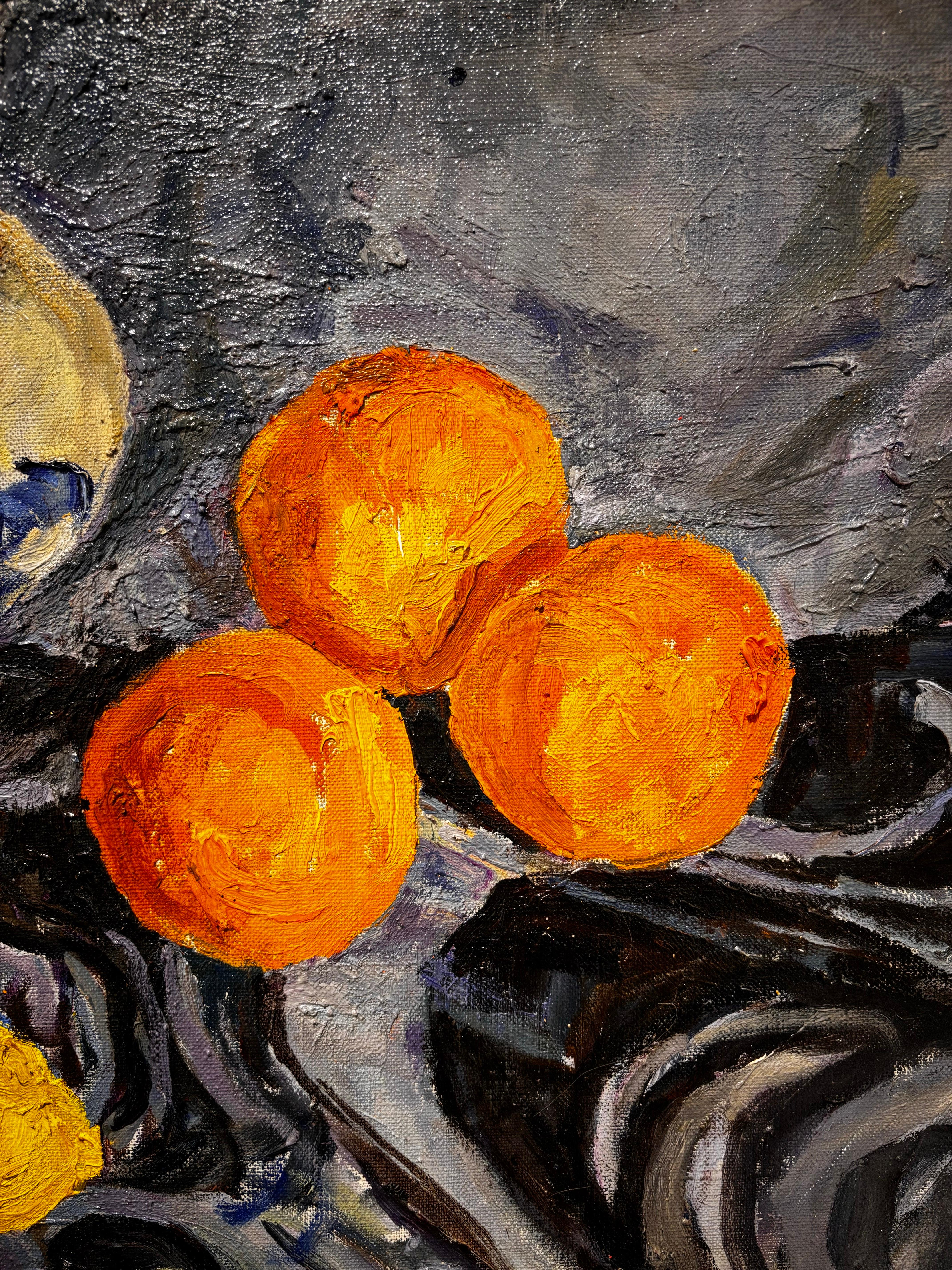 Natura morta con limone e arance - olio, cm. 50 x 47, 1990 - Still-Life Painting Nero di Maya KOPITZEVA