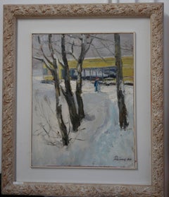„Yellow house in the snow“ Schnee, Wald, Winter, Weißes Ölgemälde, 39 x 50 1964