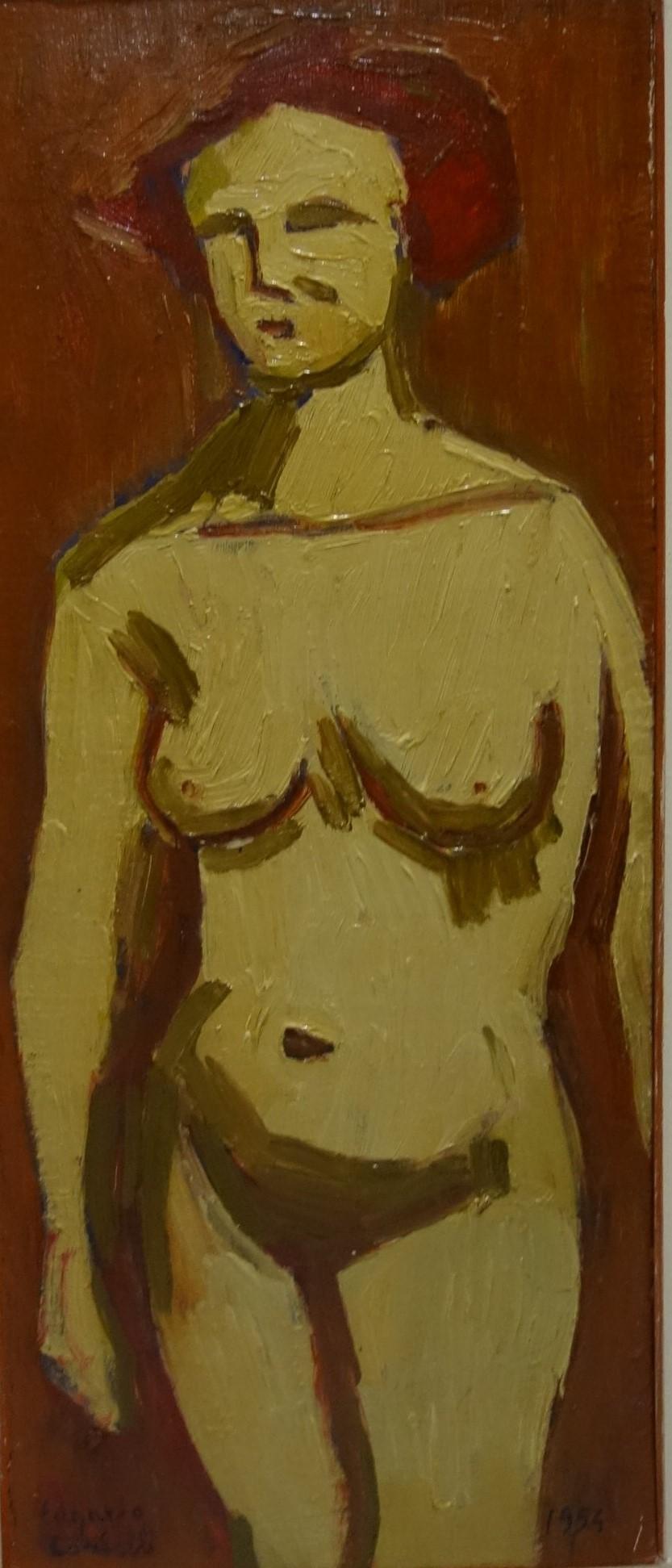 Edgardo Corbelli Nude Painting –  "" Orangefarbener Nude ""Oil  cm. 25 x 60   1952