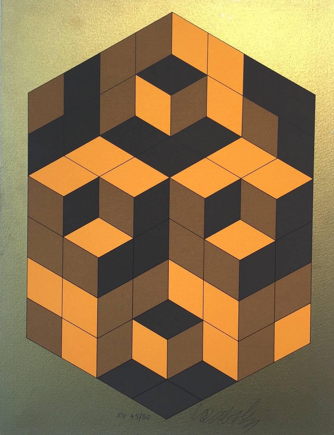 Composition Gold - Brown Abstract Print by Victor Vasarely