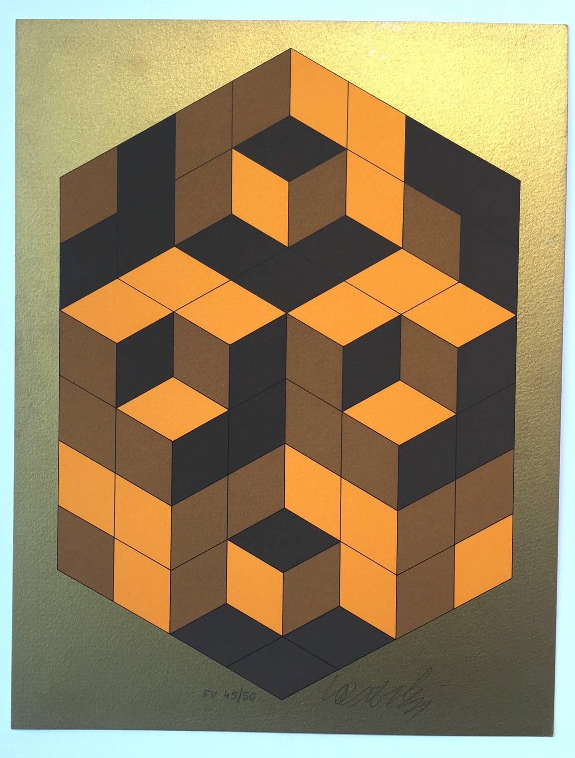Victor Vasarely Abstract Print - Composition Gold