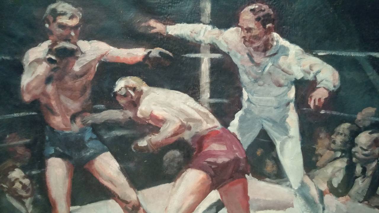 The Boxers - George Bellows Style Unknown Oil in exquisite handmade gold l frame