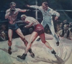 The Boxers - George Bellows Style Unknown Oil in exquisite handmade gold l frame
