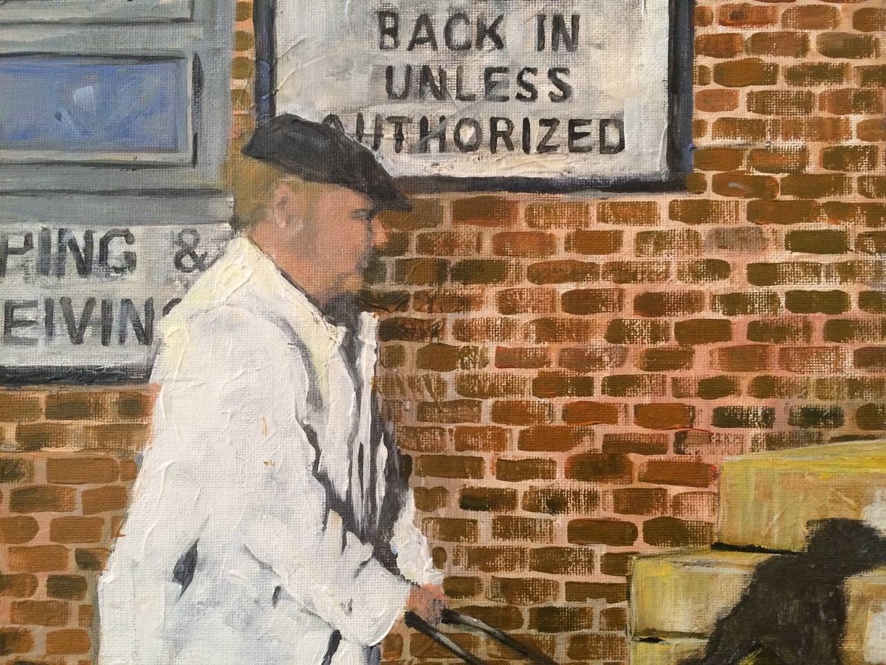 Acrylic on canvas sheet. Wooden frame. Debra Henrichs paints scenes from Fulton Market, Chicago's meatpacking district.