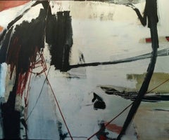 Line and a Circle - black, red, white oil on canvas