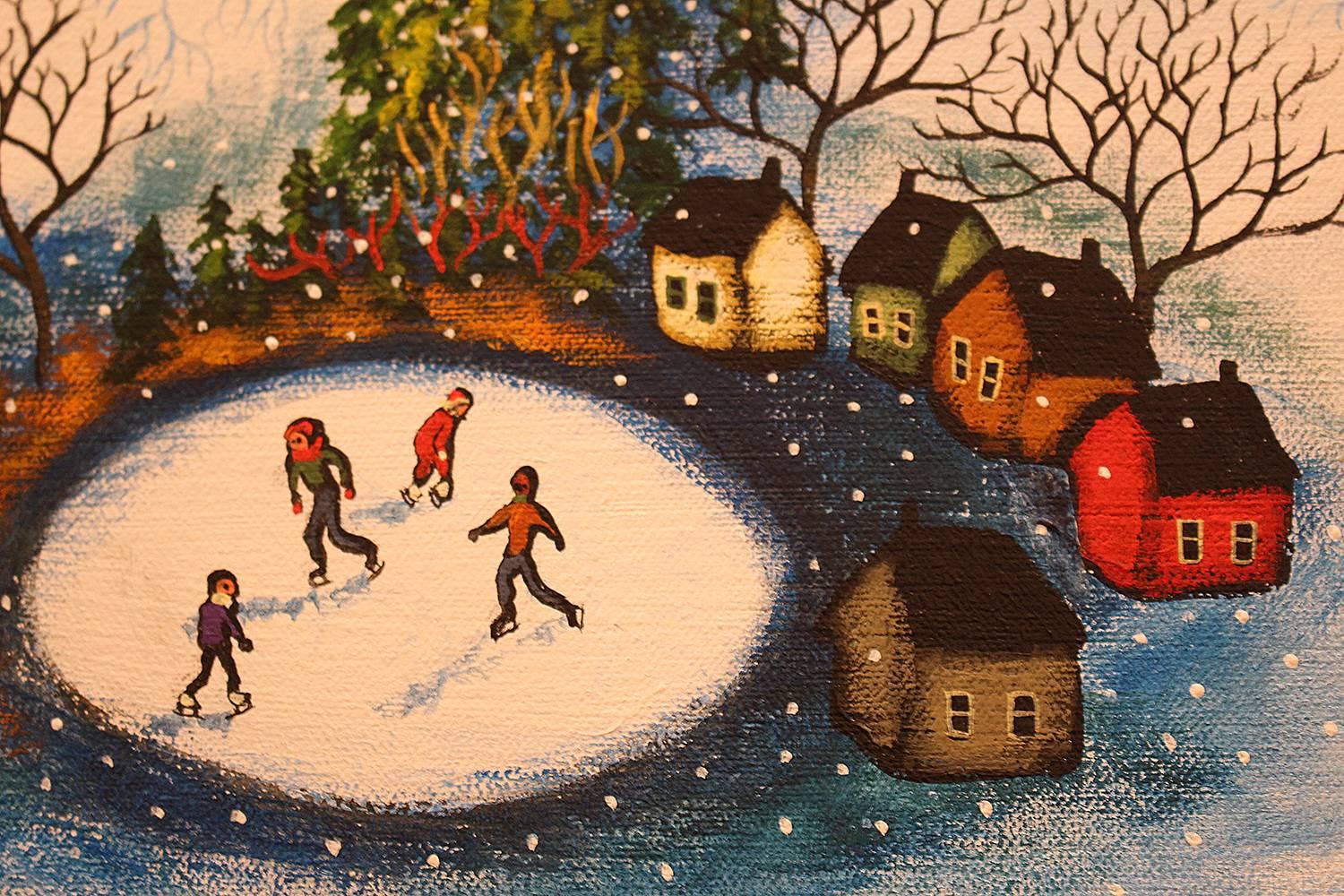A Winter Day Skaking - Expressionist Painting by Jo Ellen Brydon