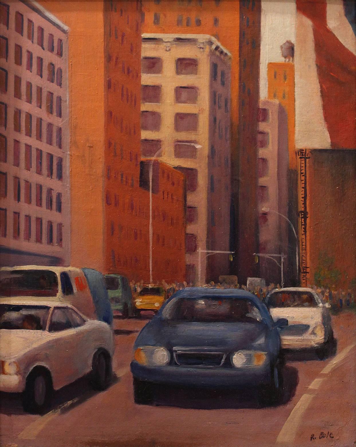Roger Bole Landscape Painting – Autos in der Stadt