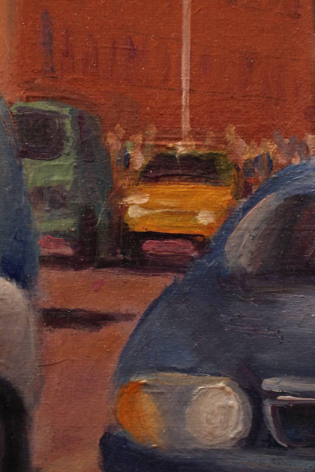 Cars in the City - Brown Landscape Painting by Roger Bole
