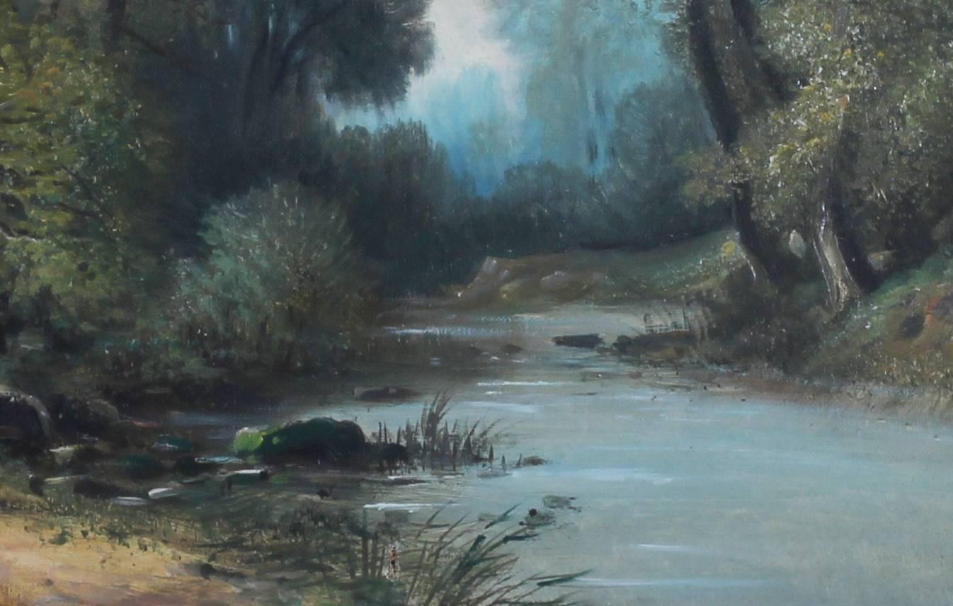 Huntsman at a riverside track - Black Landscape Painting by Eugène Blasset