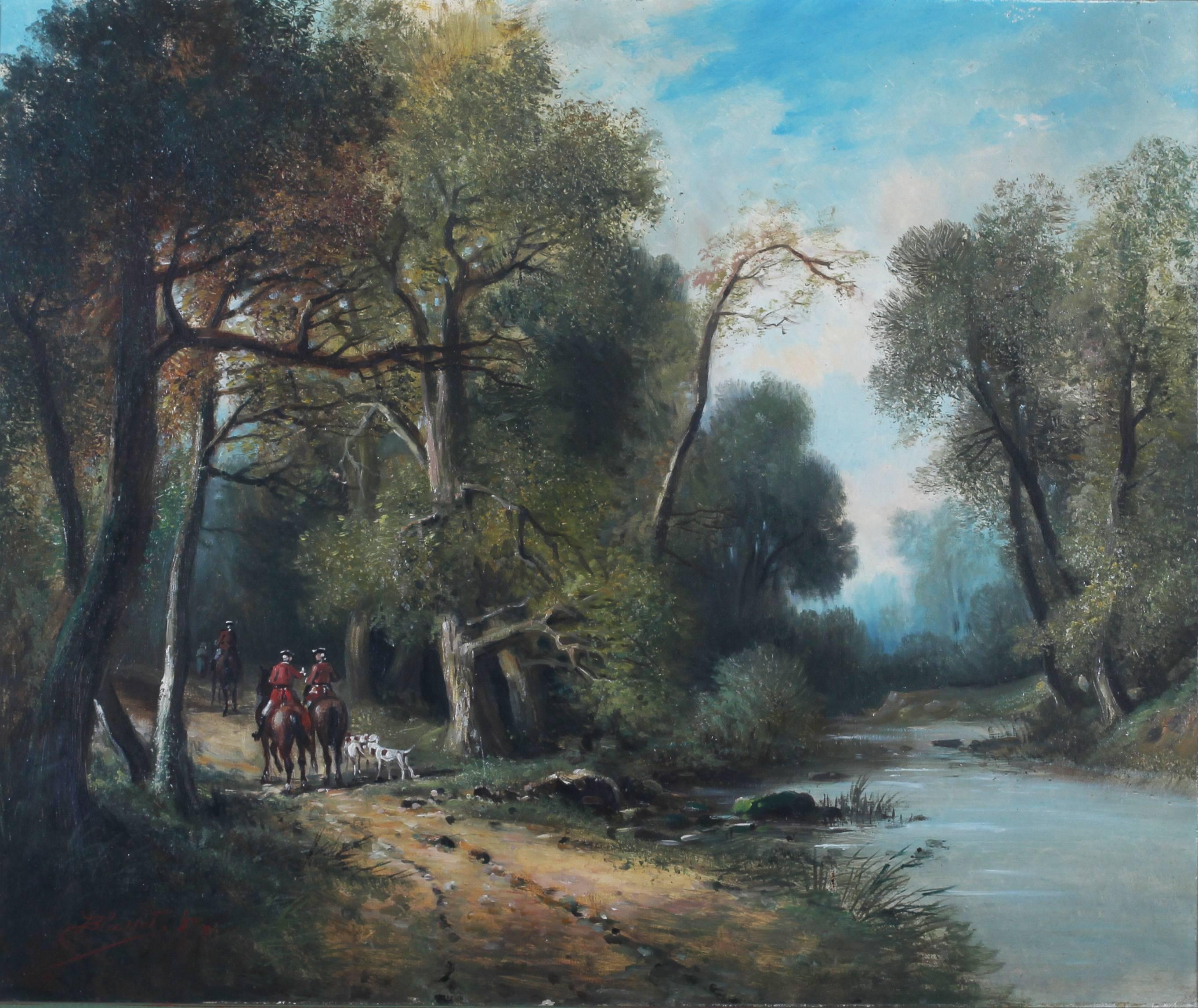 Eugène Blasset Landscape Painting - Huntsman at a riverside track