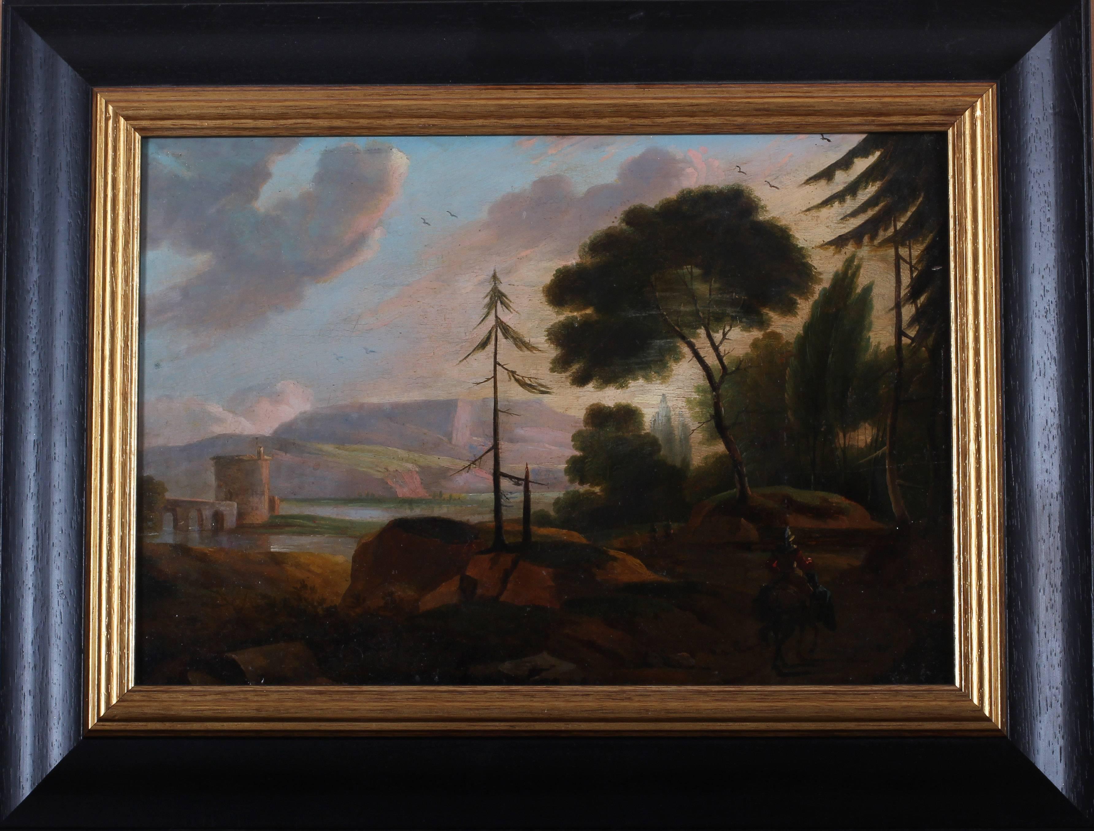 Soldier travelling by the side of a lake - Black Landscape Painting by Unknown