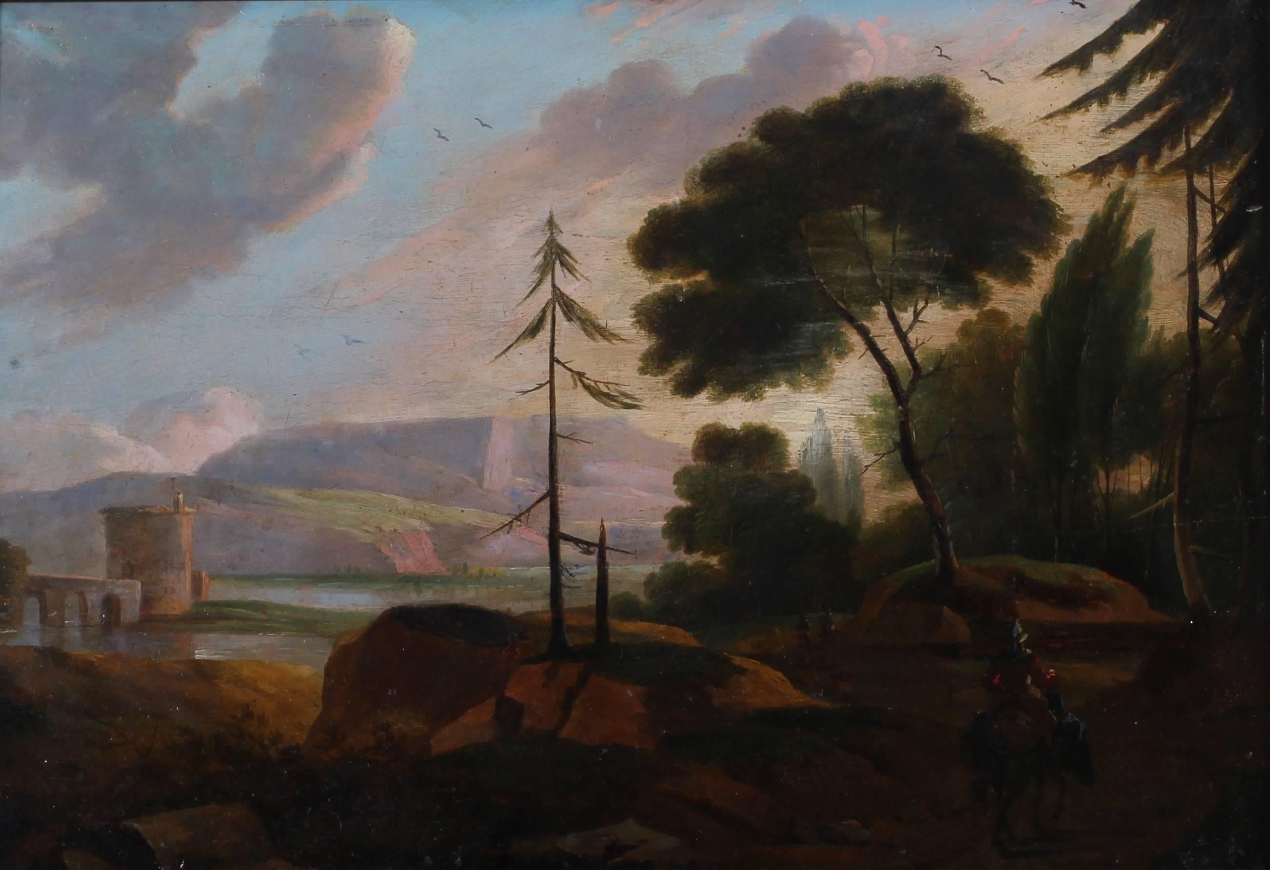 Unknown Landscape Painting - Soldier travelling by the side of a lake