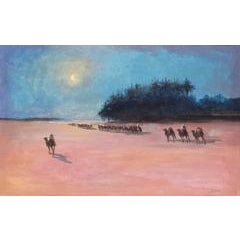 A camel train approaching the coast under the moon 5