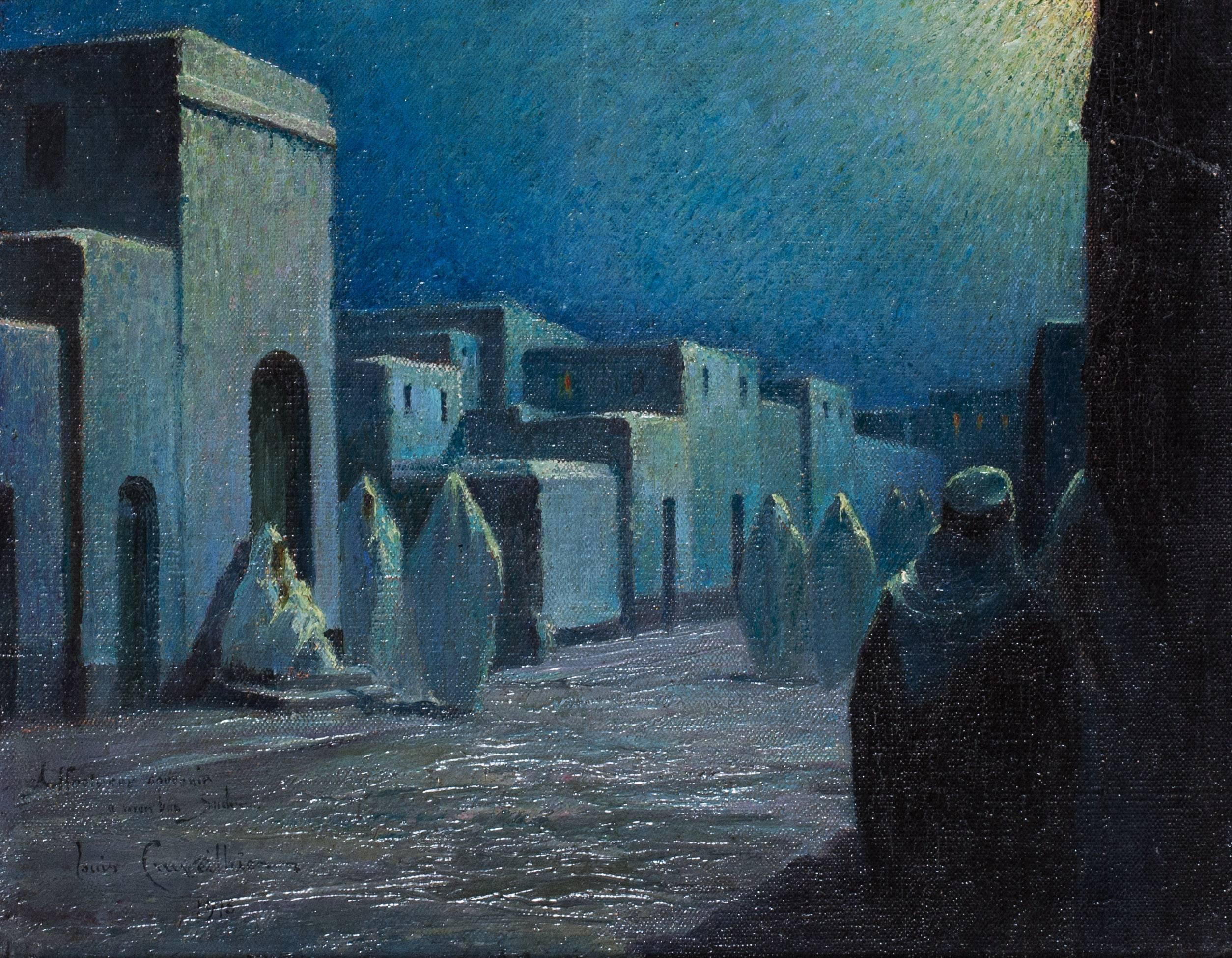 Louis Cruveilhier Figurative Painting - Arabs in the medina under the light of the moon