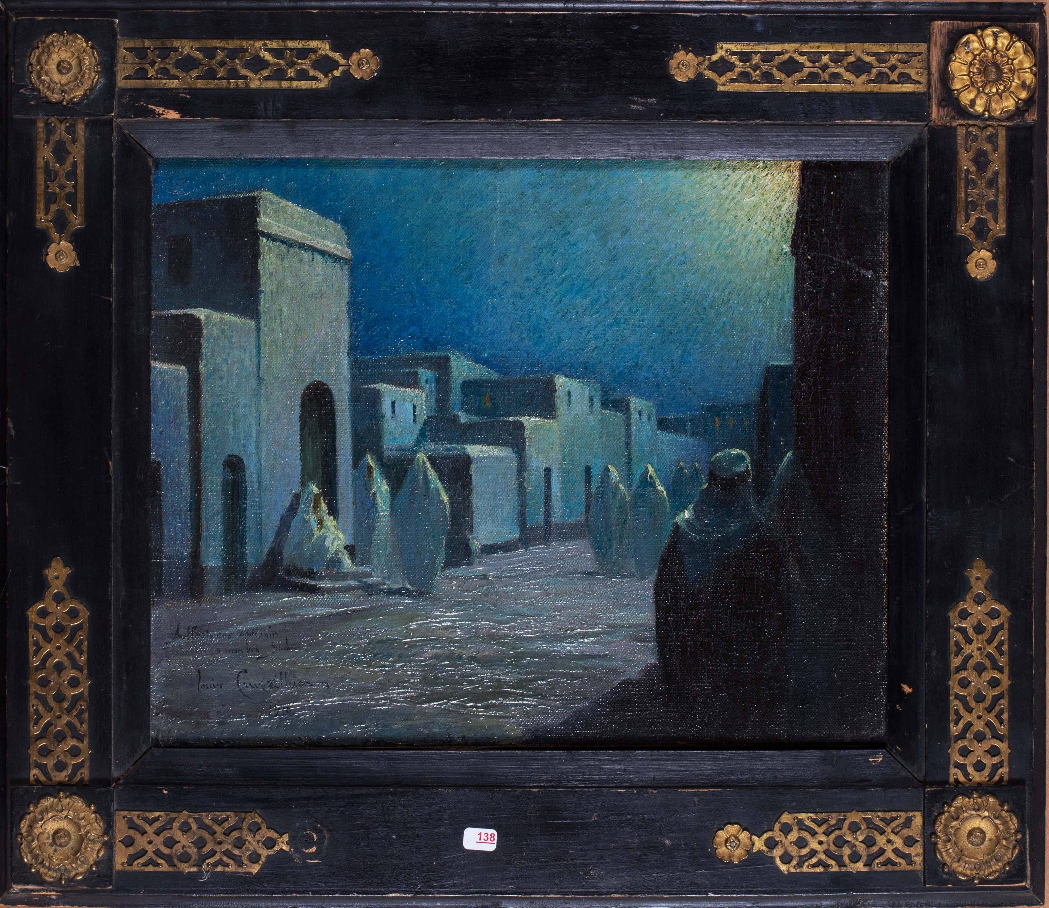 Louis Cruveilhier (French, circa 1913)
‘Arabs in the medina under the light of the moon’, 1913
Oil on canvas
Signed, inscribed and dated ‘affectieux souvenir / a mon bon suduc (?) / Louis Cruveilhier / 1913
13.1/4 x 16.1/2 in.;  33.7  x 42cm.