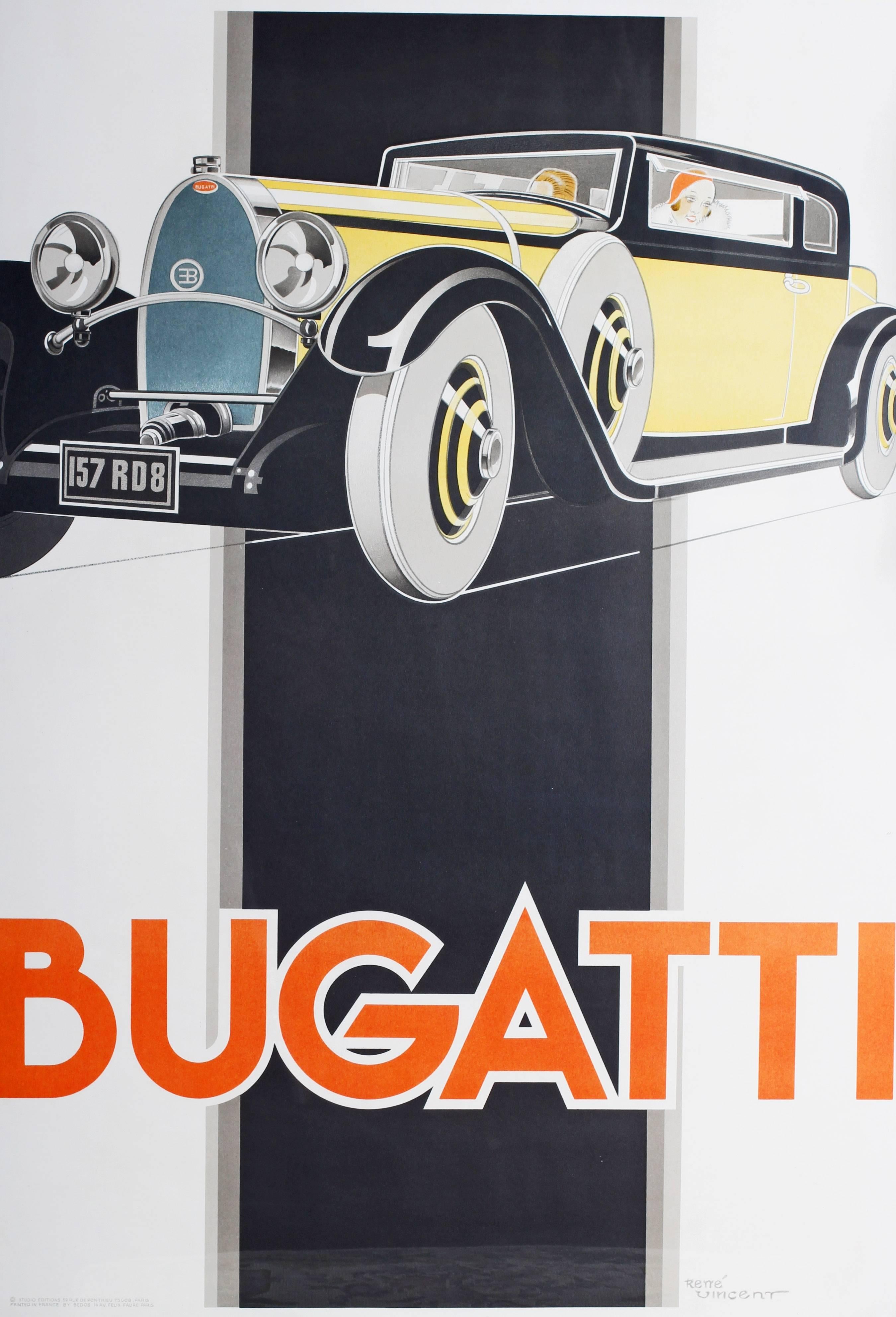 Unknown Figurative Print - An original 80’s restrike of Rene’ Vincent’s poster for Bugatti