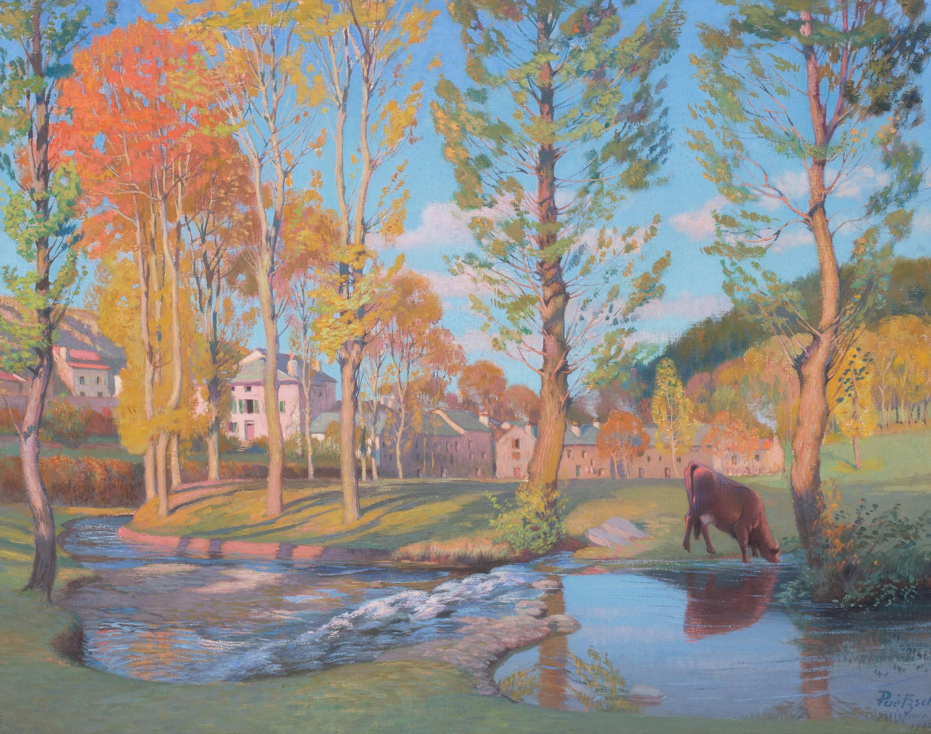 Gustave Poetzsch Landscape Painting - La ruisseau a Yssingeaux, coucher de soleil