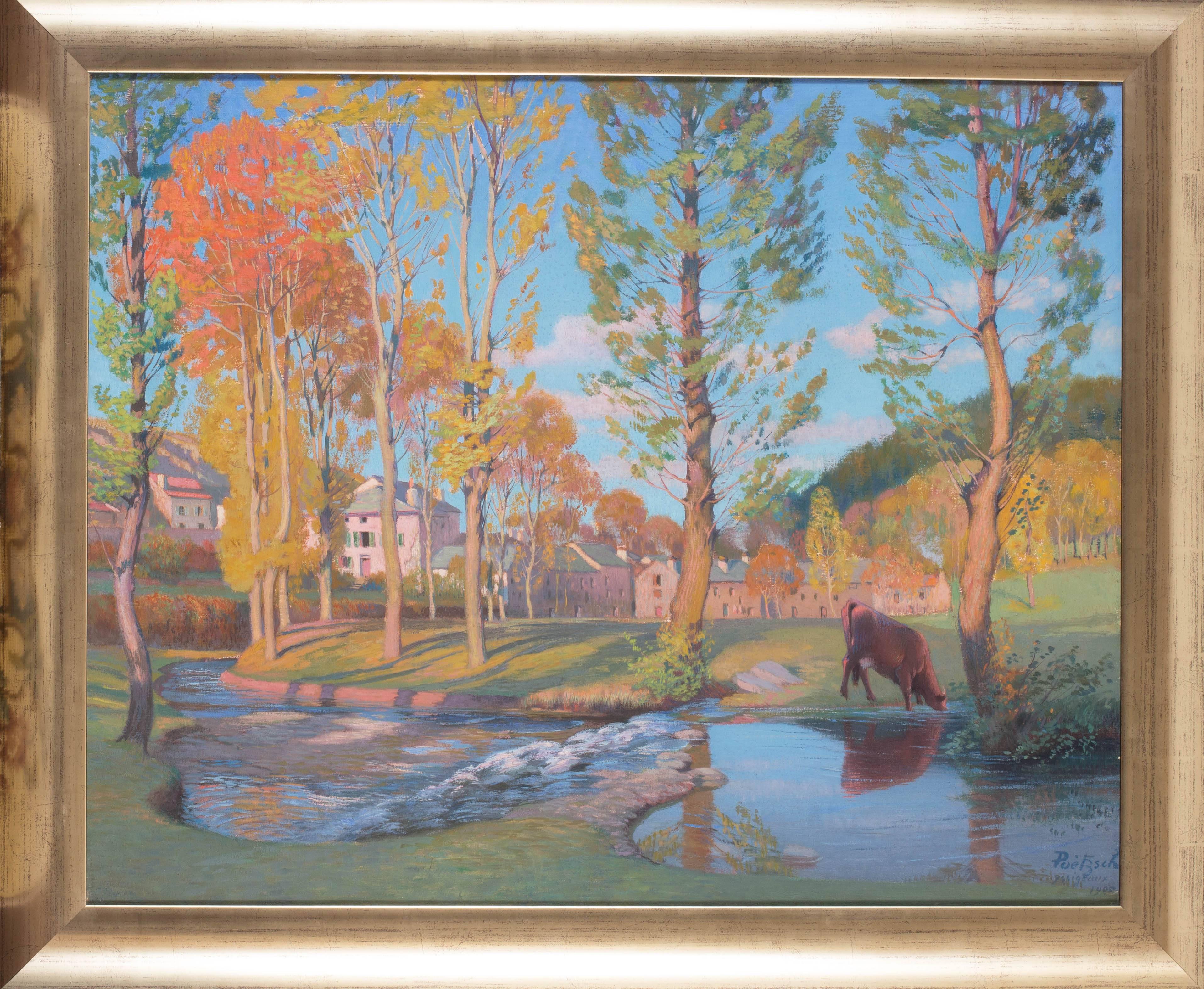 La ruisseau a Yssingeaux, coucher de soleil - Impressionist Painting by Gustave Poetzsch
