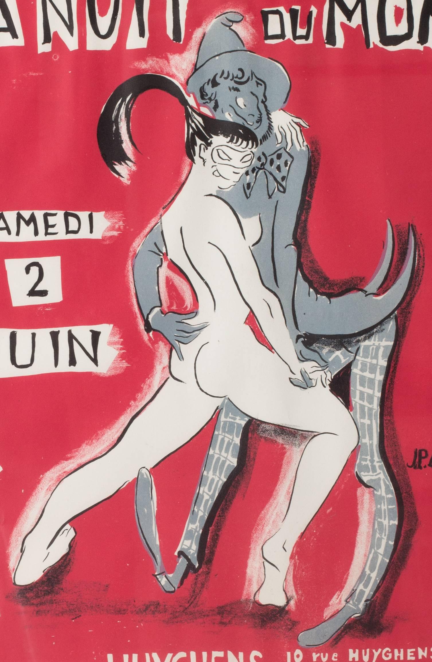 Original poster for La Nuit du Montparnasse - Pink Figurative Print by Jean Paul Le Verrier