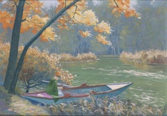 Antique A young lady fishing on the river