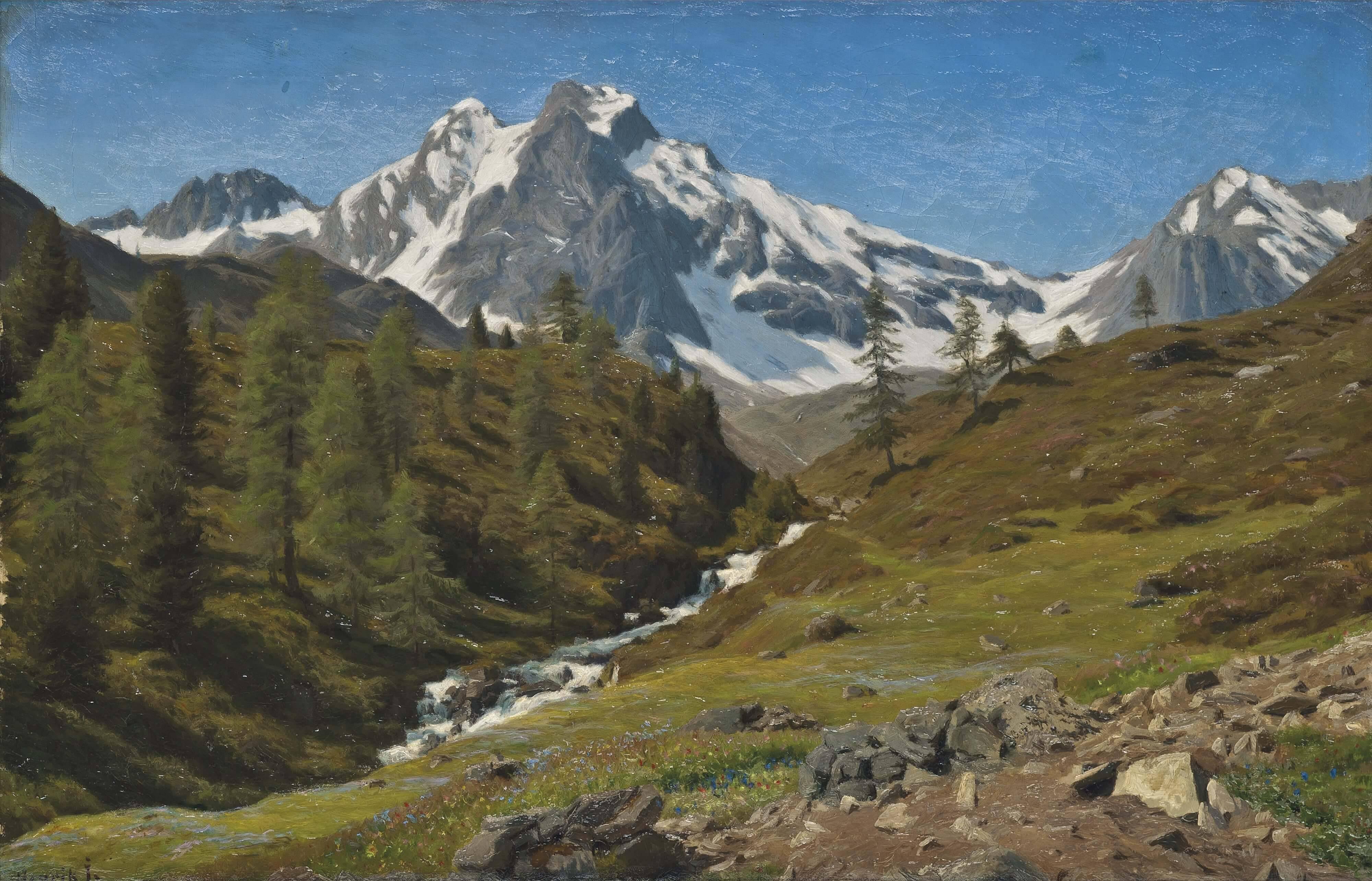 Unknown Landscape Painting - An Alpine torrent in the spring