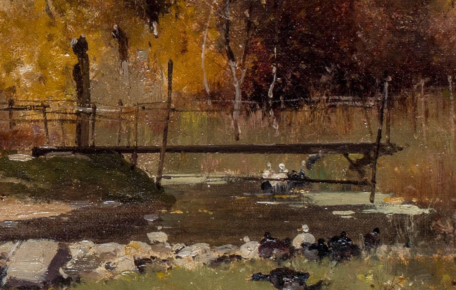 Eugene Galien-Laloue (French, 1854-1941)

‘Ducks by a stream’
A beautiful depiction of ducks by the side of a stream, with orange and brown shades of fall, and a bridge and figure beyond.

Signed with pseudonym ‘LIEVIN’

Oil on canvas

13 x