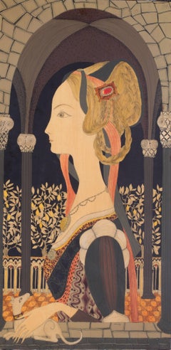 Maiden and a dog in cloisters before some lemon trees
