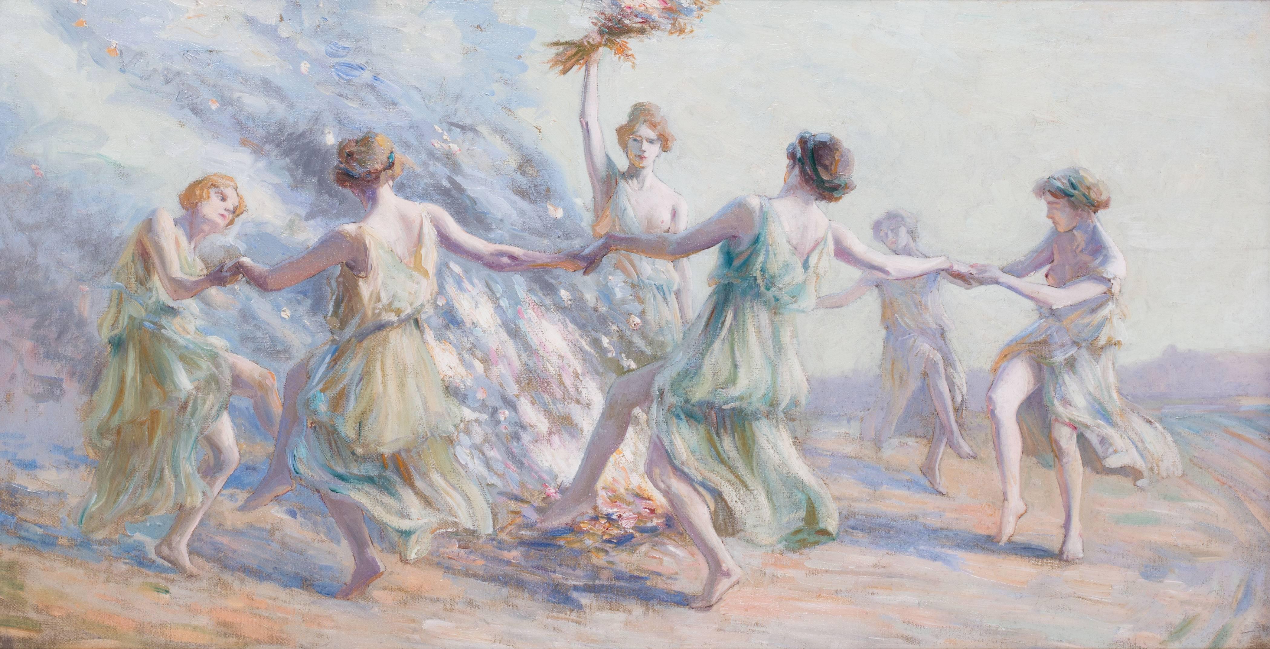 Unknown Figurative Painting - Spring maidens dancing around a fire
