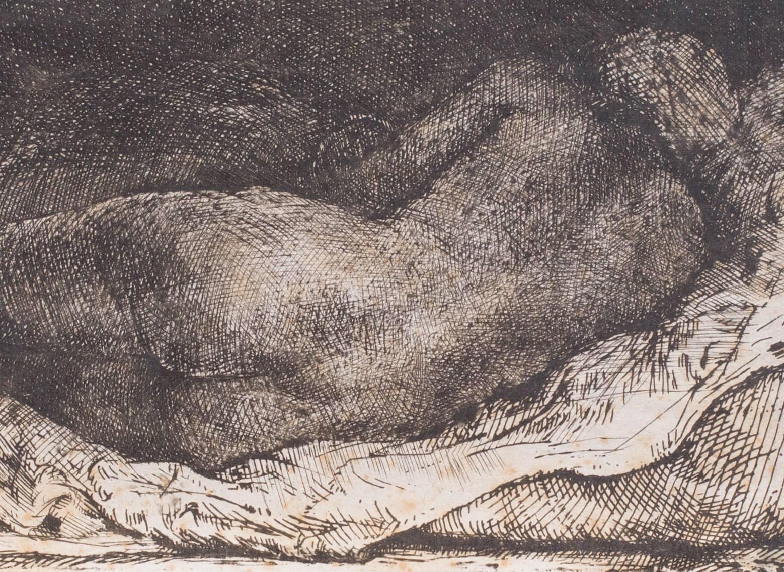 Rembrandt Harmensz, van Rijn
Negress reclining
Signed within the plate 'Rembrandt' (lower left)
Etching
3.3/8 x 6.3/8in. (8.5 x 16.3cm.)

A very fine impression on thin exotic paper, trimmed to the platemark, the printing rich and velvety, of the