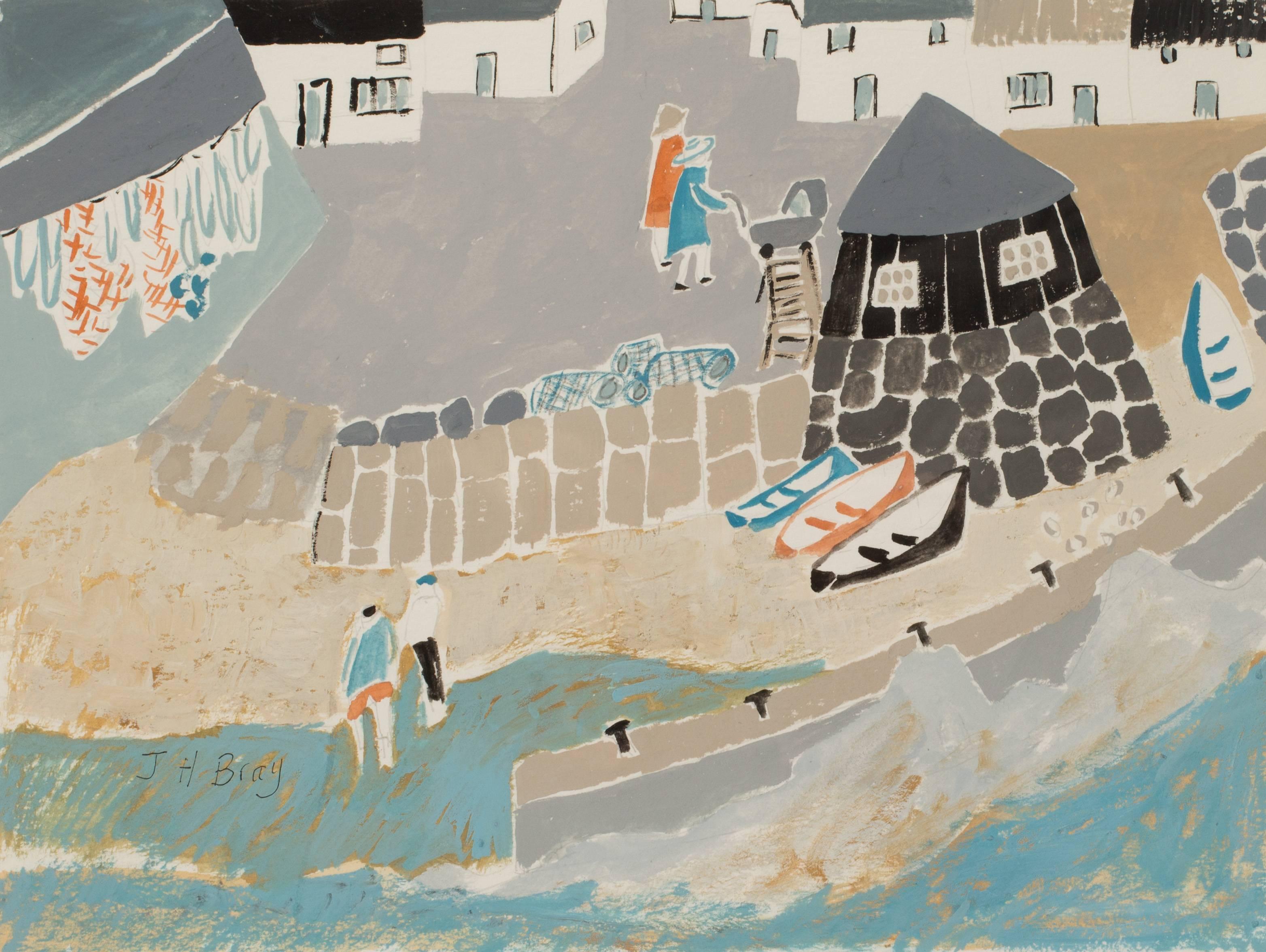 Pushing prams near the harbour walls - Painting by Heather Bray