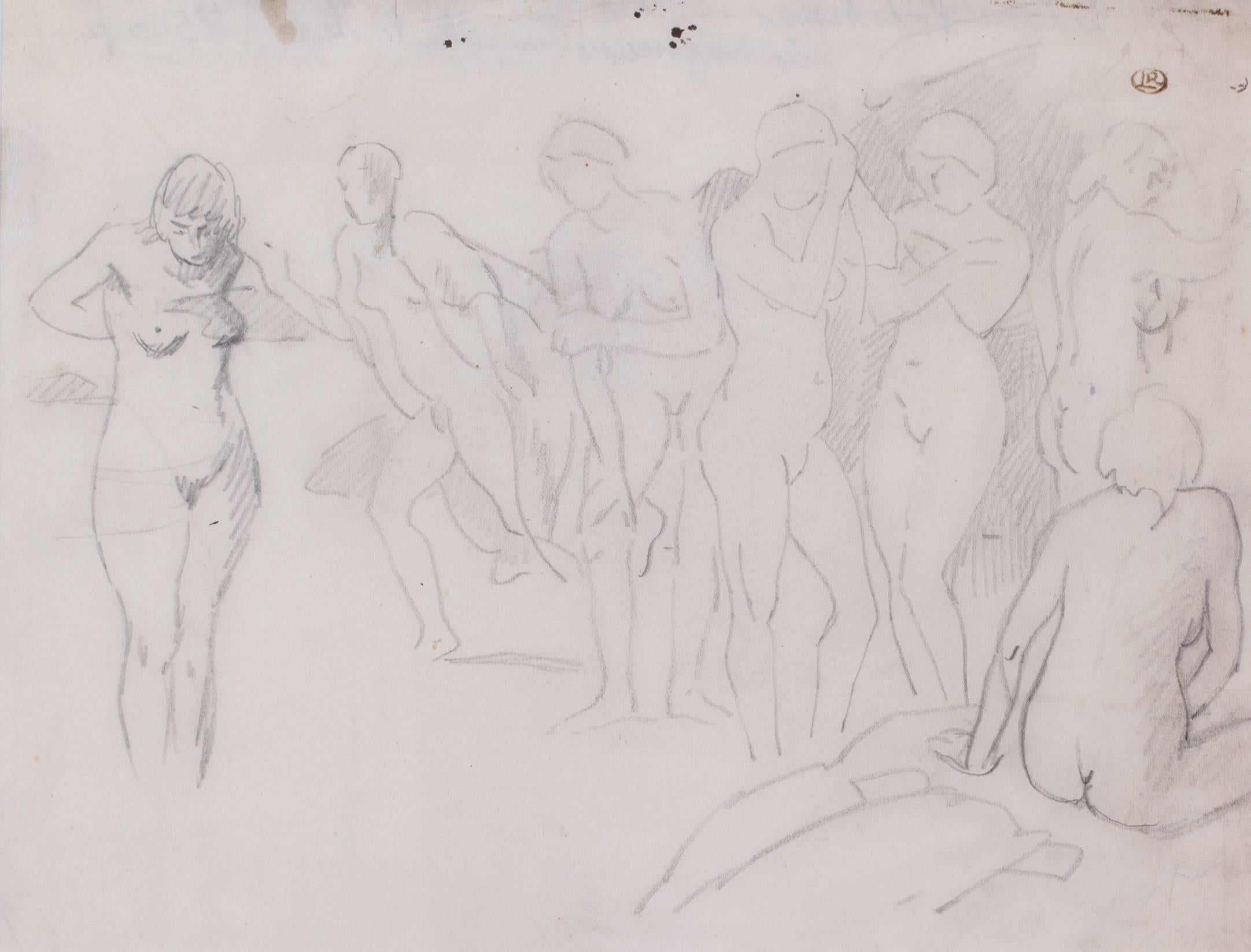 An original French drawing of nude bathers by Post-Impressionist Pissarro - Art by Ludovic-Rodo Pissarro