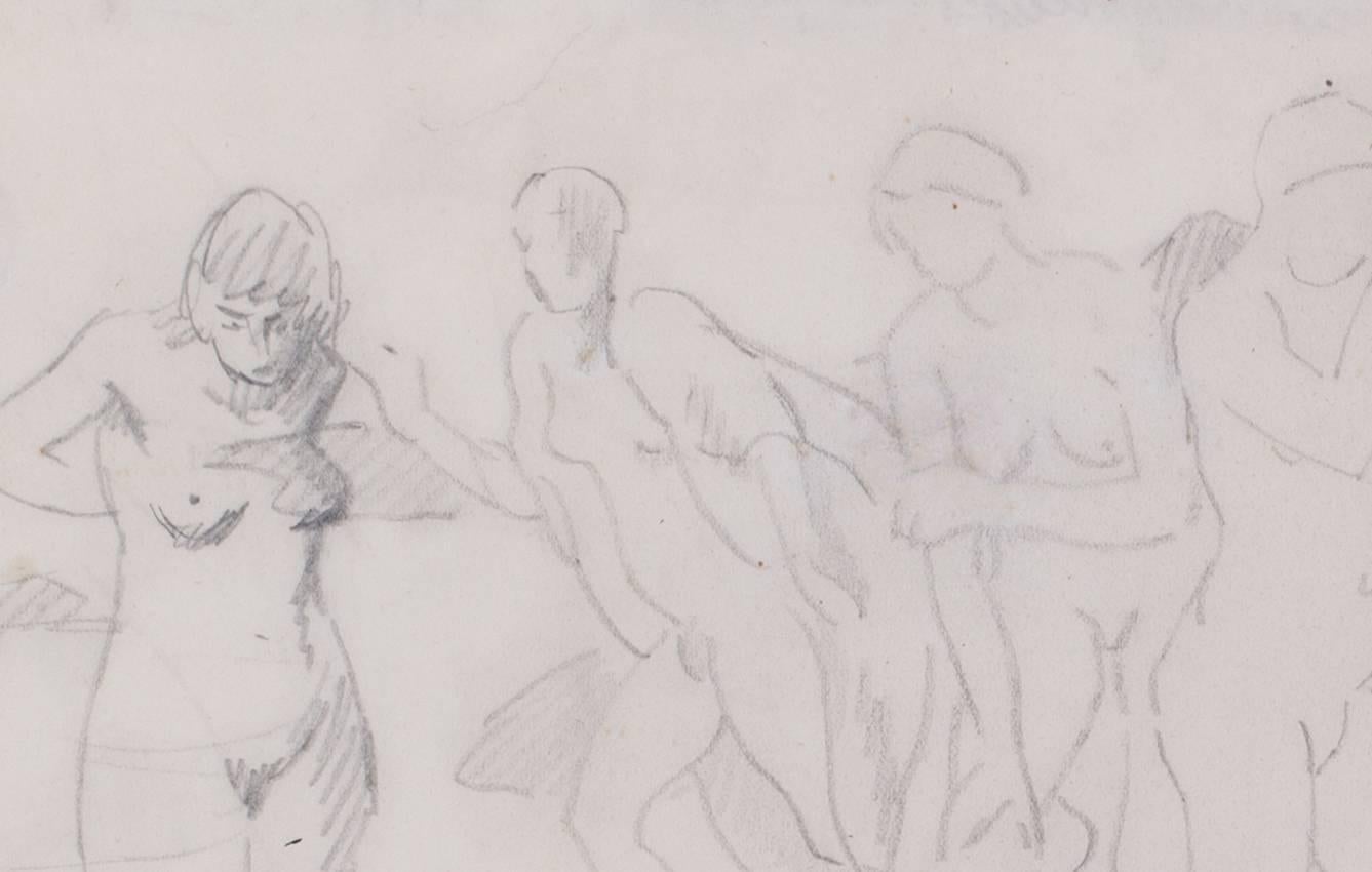 An original French drawing of nude bathers by Post-Impressionist Pissarro - Gray Figurative Art by Ludovic-Rodo Pissarro