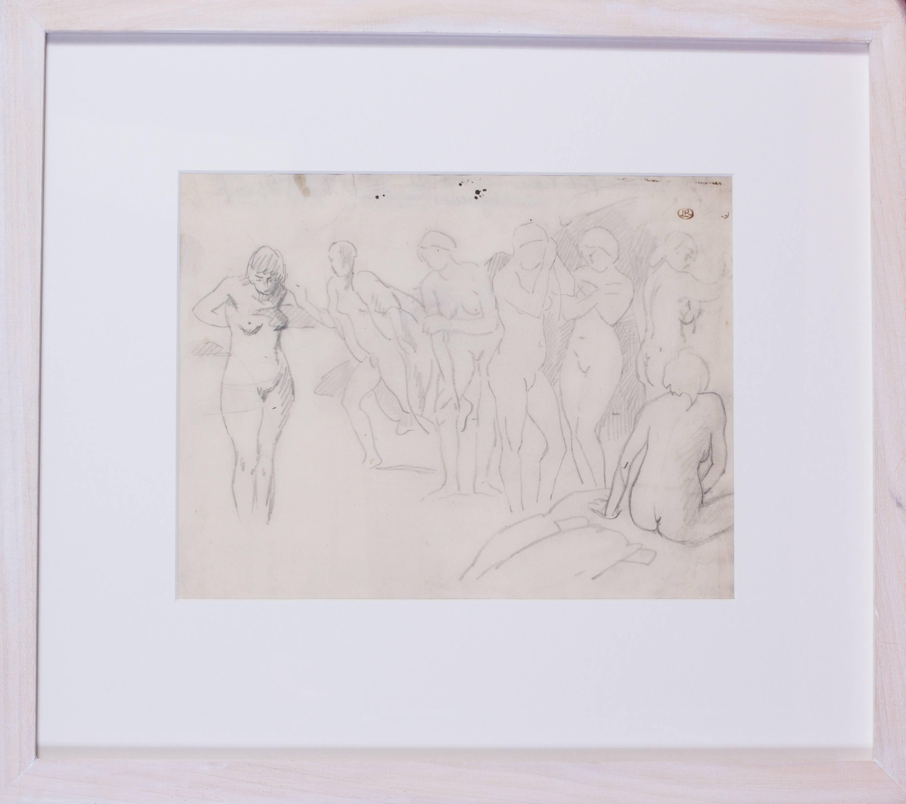 Ludovic-Rodo Pissarro Figurative Art - An original French drawing of nude bathers by Post-Impressionist Pissarro