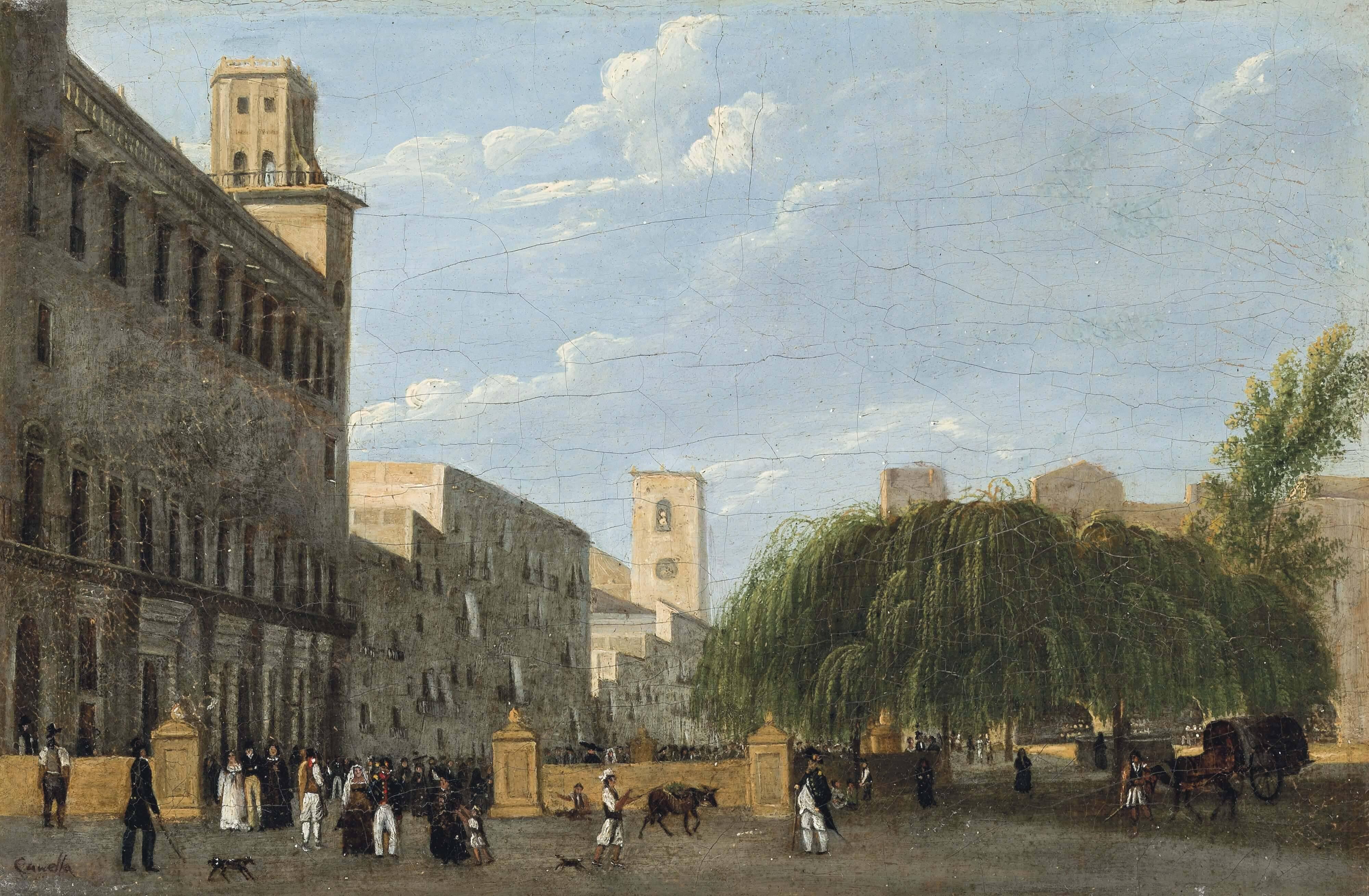 Giuseppe Canella Landscape Painting - Figures in an Italianate Square