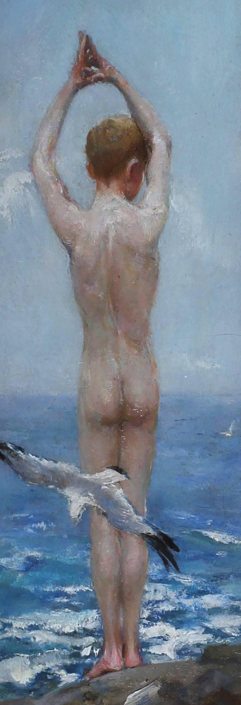 Joseph Thorburn-Ross, (British, 1849-1903)
'The Diver'
Oil on Canvas laid down on panel
16.5 x 4in. (including frame)
13 x 3.1/8in. (excluding frame)
Signed 'J. Thorburn-Ross' (lower middle)

Exhibition details: National exhibition, Edinburgh, 1908.