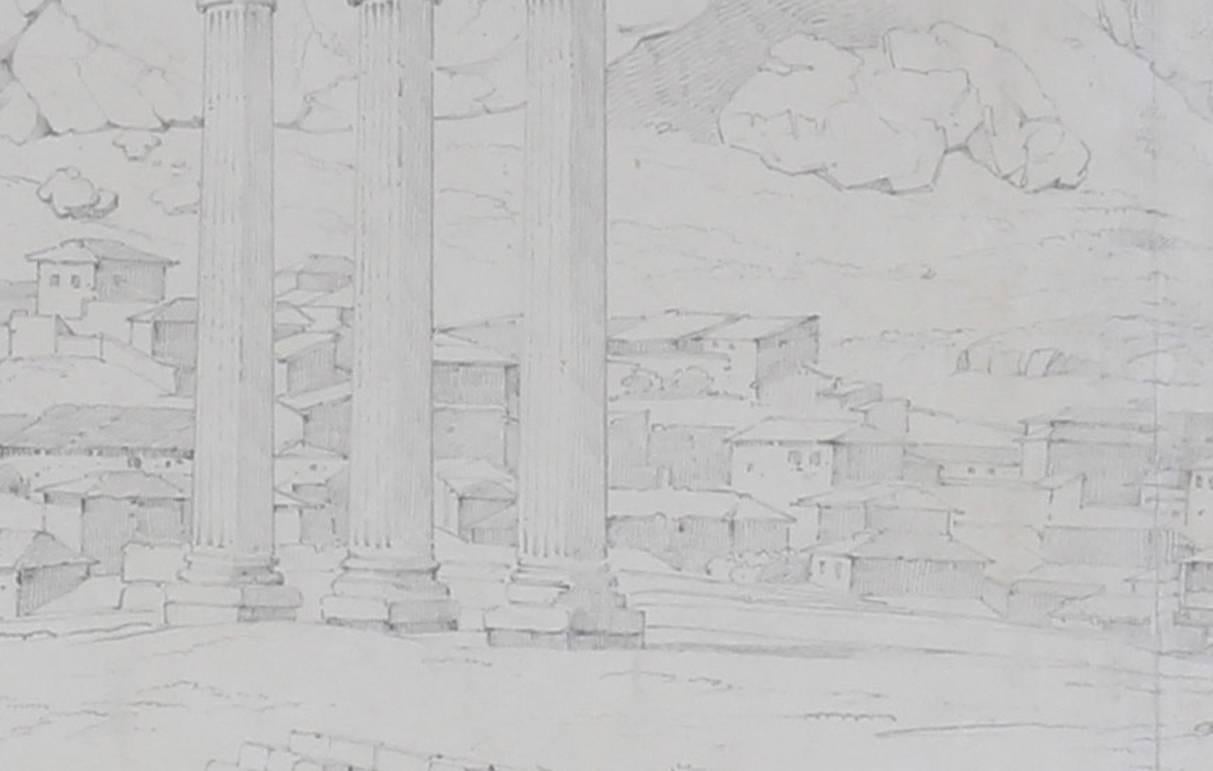 This is attributed to Thomas Cromek (British, 1809-1873)
A pencil study of the Acropolis and the Temple of Jupiter, circa 1820 -1830
Pencil on paper in two joined parts
24 .1/4 x 33.1/4in. (to mount)
36.1/8 x 49in. (in frame)
Inscribed ‘Parthenon’