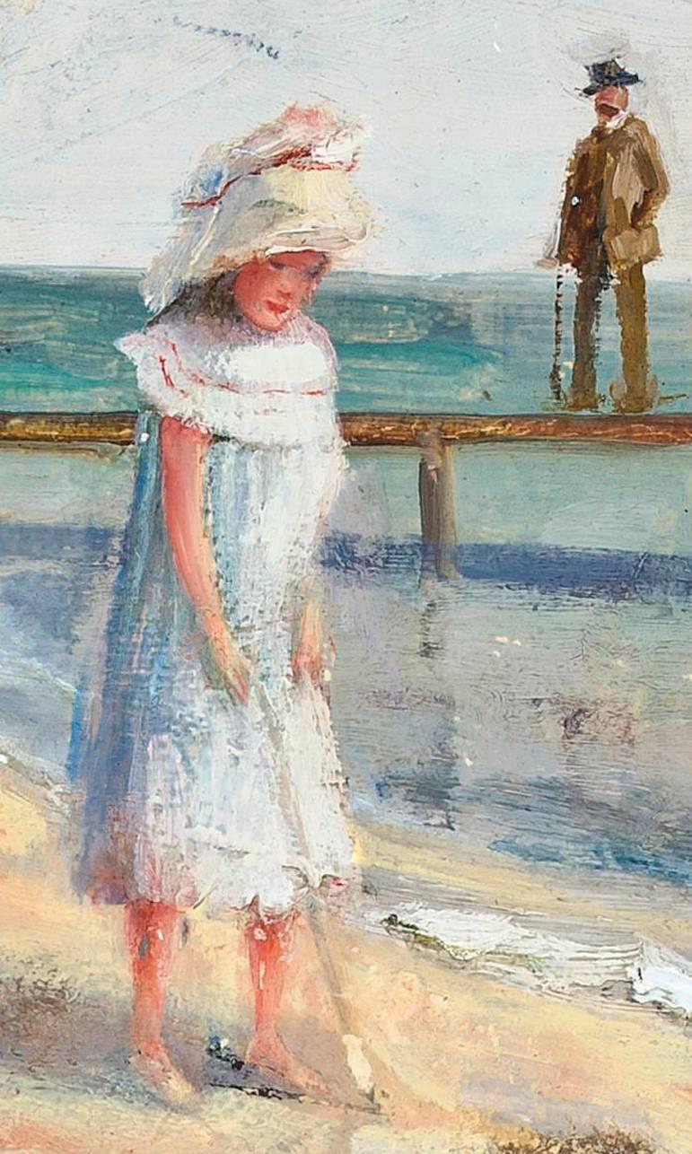Sur la plage (On the beach) - Gray Figurative Painting by Unknown