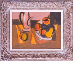 Post Impressionist Still life painting, peaches and a pot by Roger Derieux, 1965