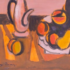 Post Impressionist Still life painting, peaches and a pot by Roger Derieux, 1965