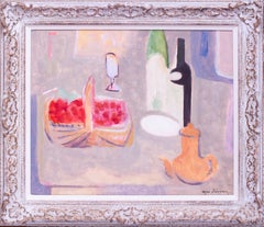 Post Impressionist Still life painting, with cherries by Roger Derieux, 1961