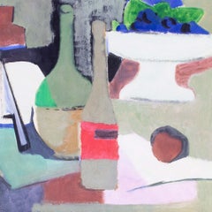 Post Impressionist Still life painting, Bouteilles by Roger Derieux, 1962