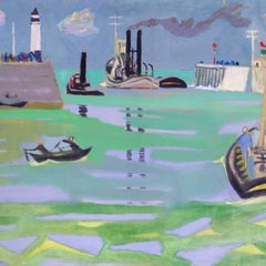 Post Impressionist seascape 'Entree de port' (le Treport) by Roger Derieux, 1948