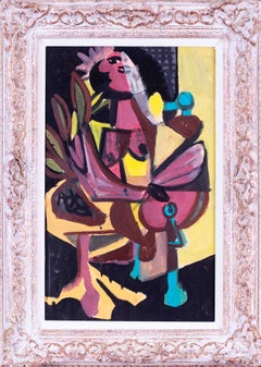 "Donna con palma", opera cubista di Marcel Mouly, metà del XX secolo, guazzo, firmata
