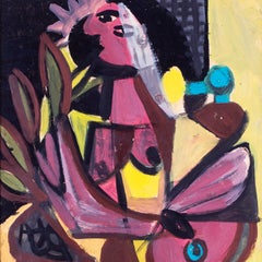 "Donna con palma", opera cubista di Marcel Mouly, metà del XX secolo, guazzo, firmata
