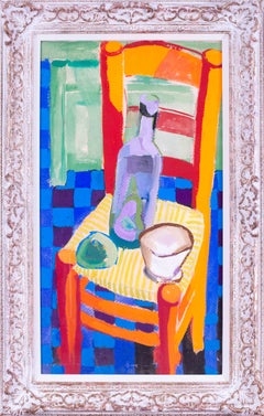 Nature morte à la chaise, postimpressionniste, de Marcel Mouly, gouache, signée