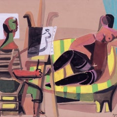 La muse de l'artiste, Marcel Mouly, milieu du XXe siècle, gouache postimpressionniste