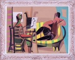 La muse de l'artiste, Marcel Mouly, milieu du XXe siècle, gouache postimpressionniste